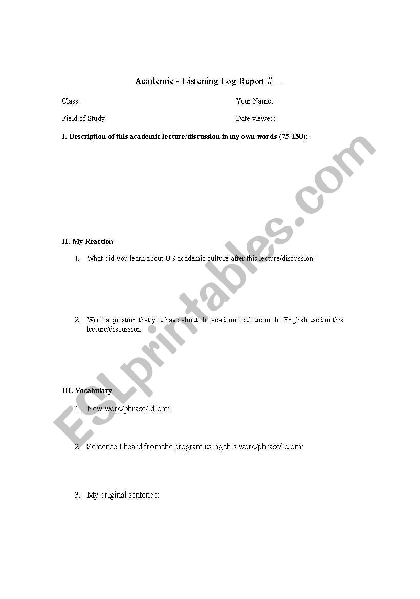 Listening Log - Academic worksheet