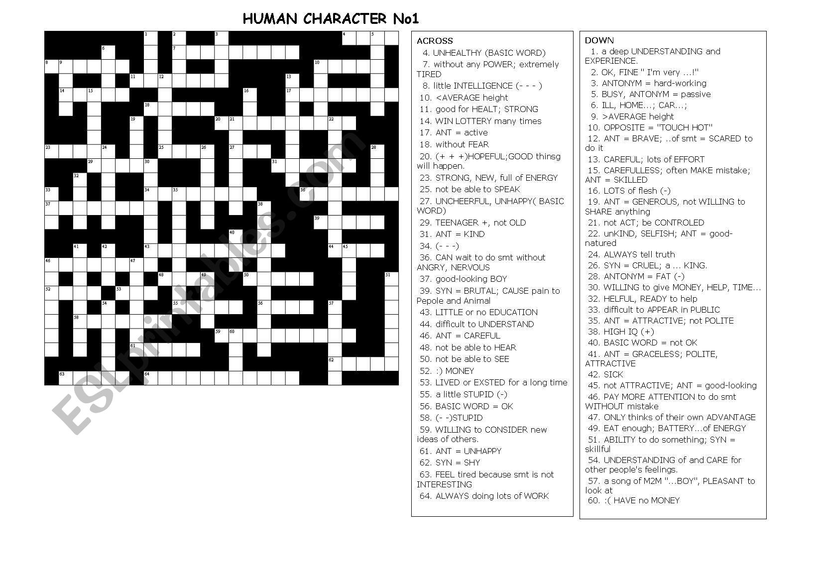 Human Character-Crossword worksheet