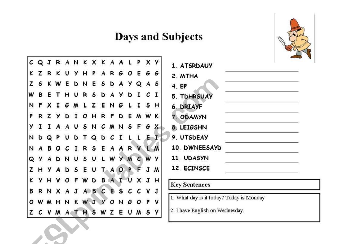 Days and Subjects worksheet worksheet