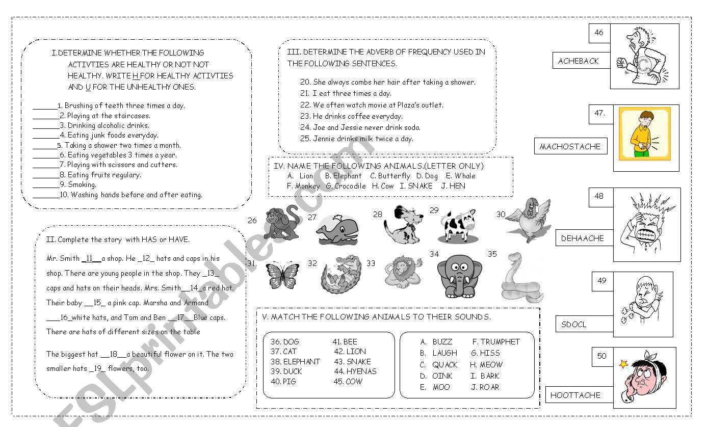 A TEST: HEALTHY HABBITS, ADVERB OF FREQUENCY, AND ANIMAL SOUNDS