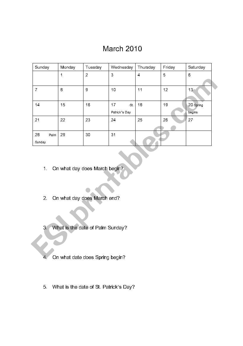 Calendar Workshhet worksheet