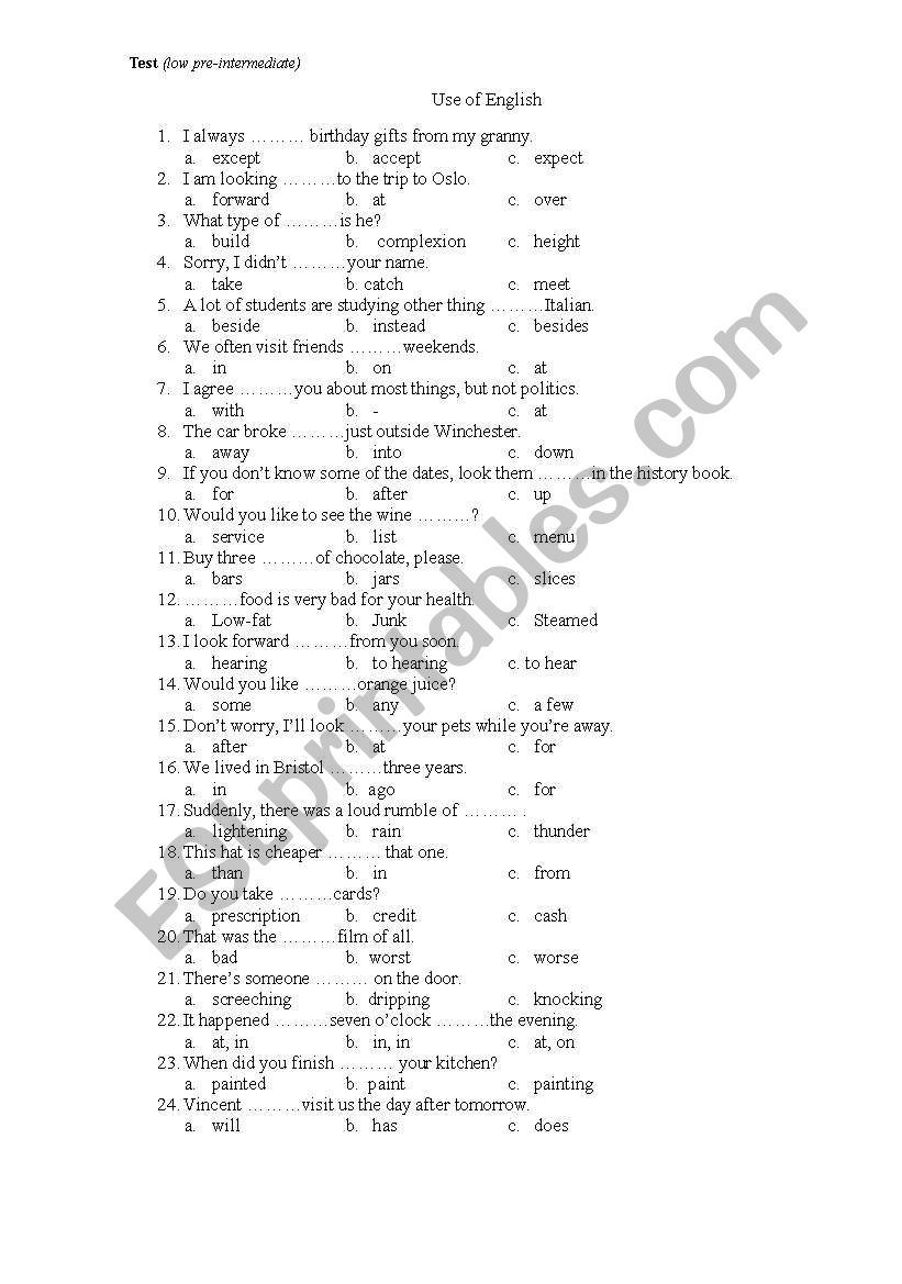 Test Use of English worksheet