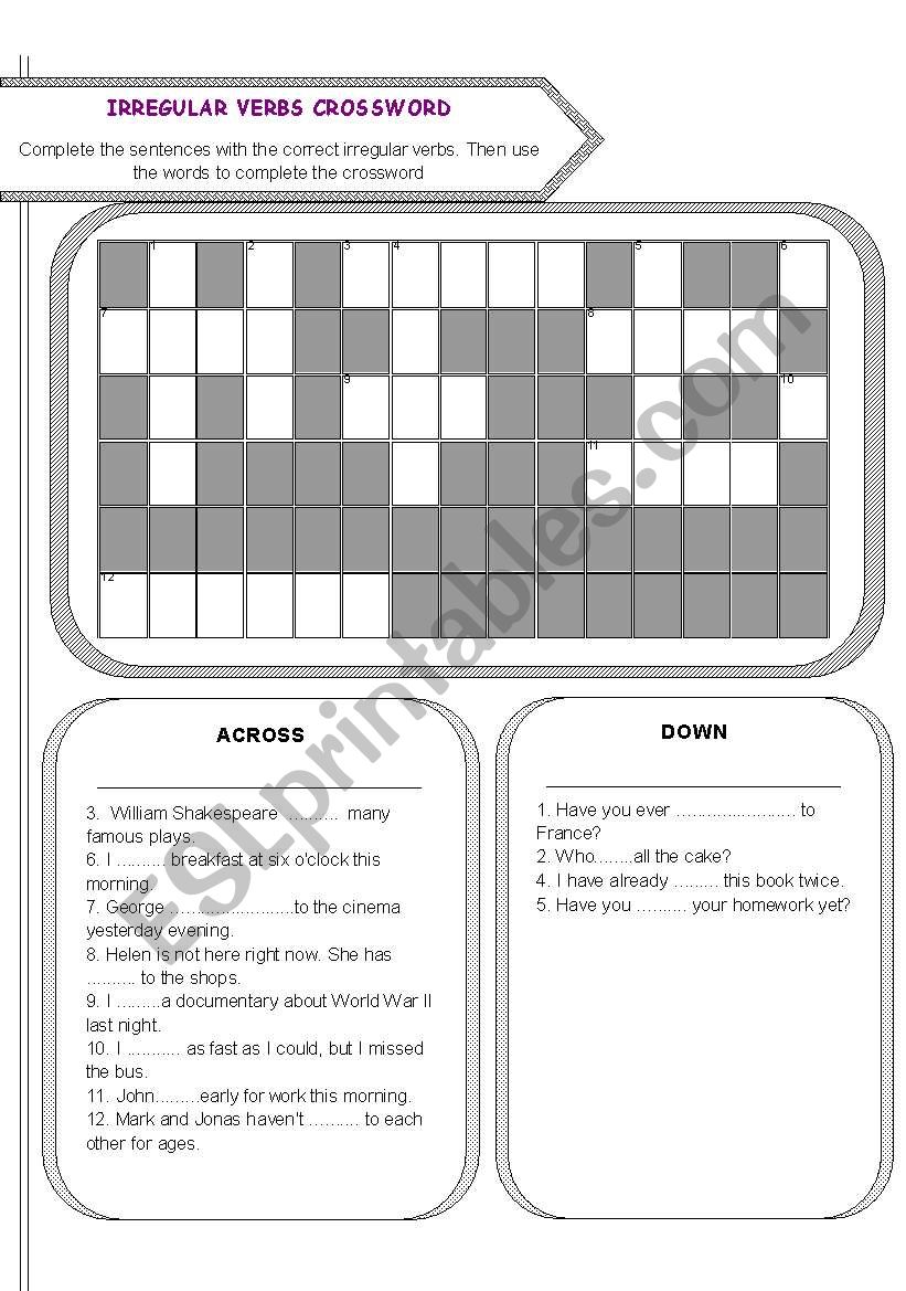 IRREGULAR VERBS CROSSWORD worksheet