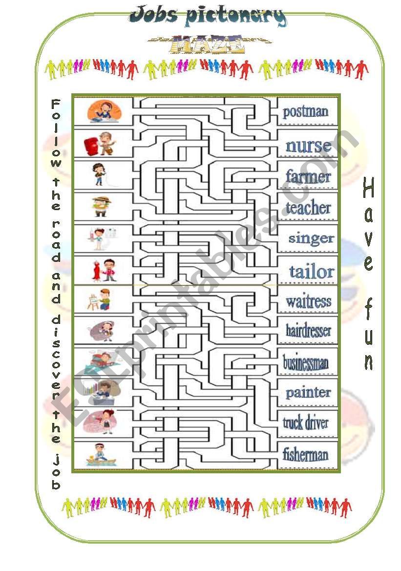 MAZE:Jobs pictonary  worksheet