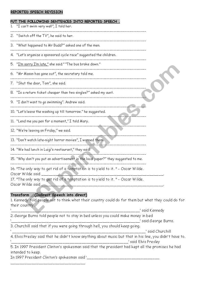 REPORTED SPEECH revision worksheet
