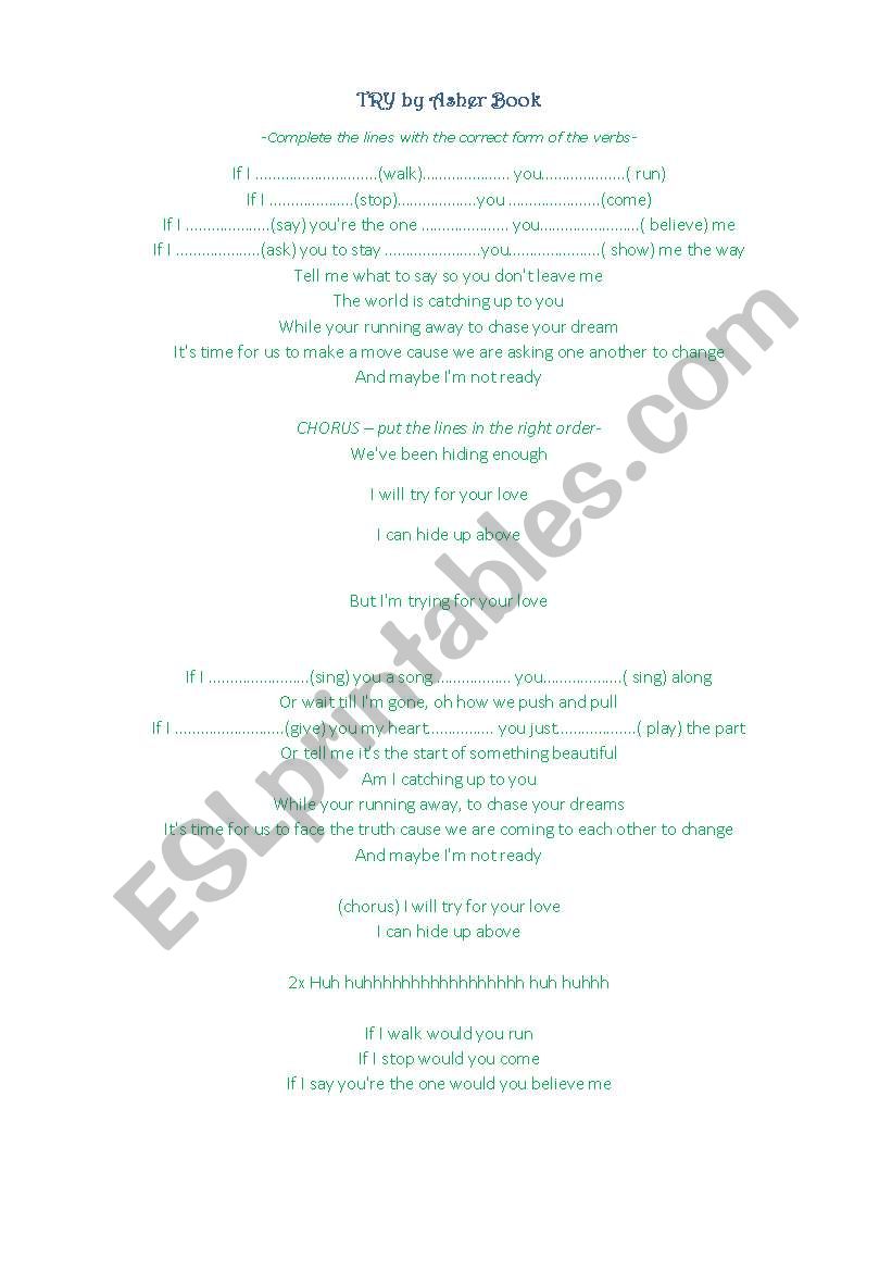 Song TRY by Asher Brook worksheet