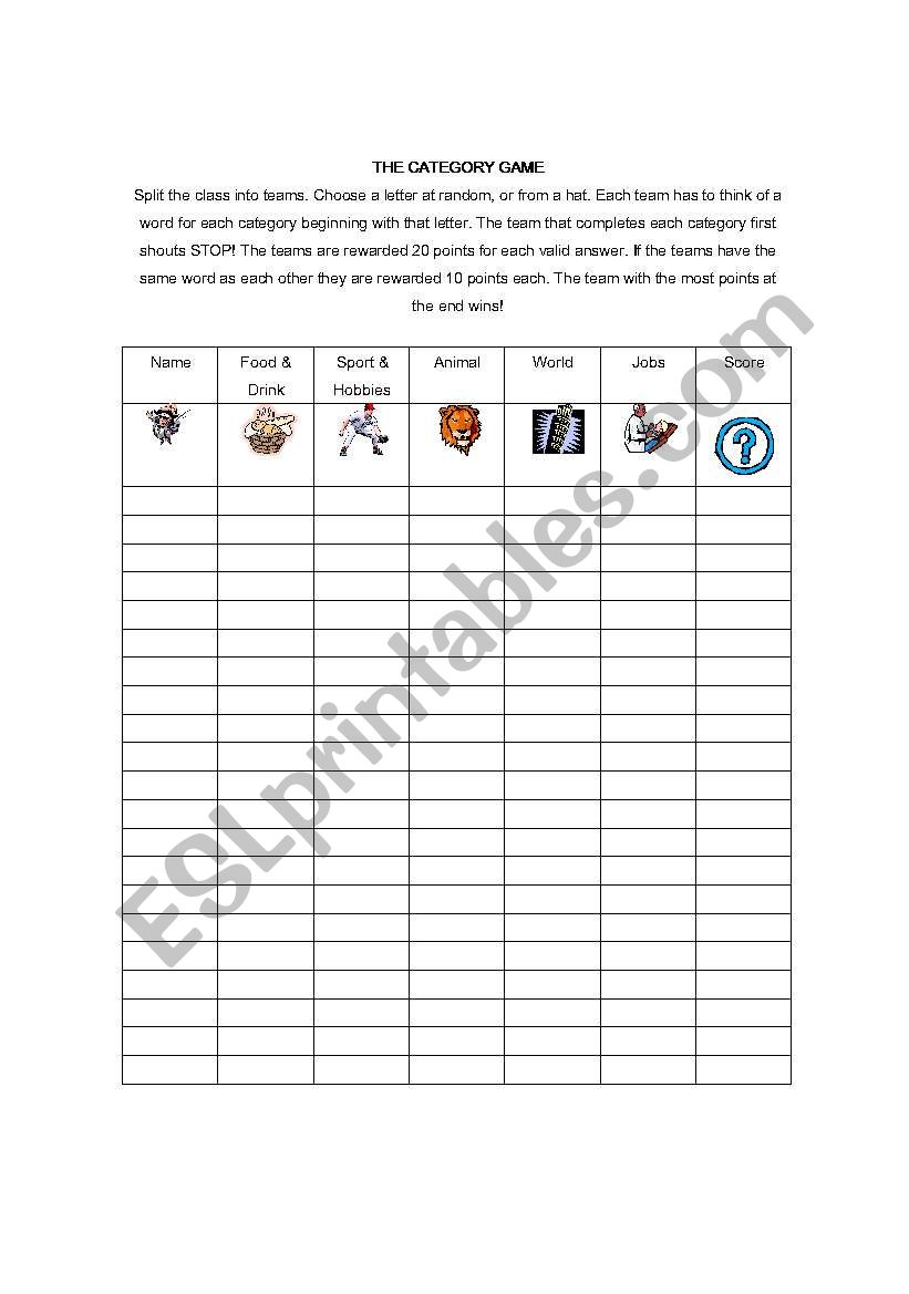 The Category Game worksheet