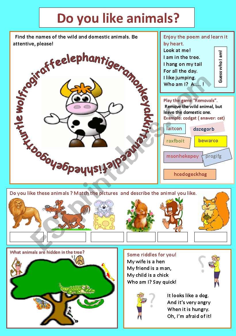 Do they like animals. What are the animals doing Worksheets. Do you like animals Worksheet.