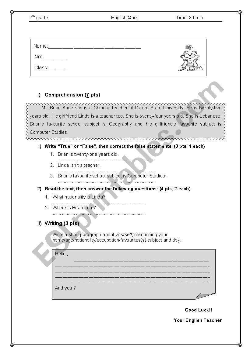 English Short Quiz on Comprehension and Writing for Beginners and Up.