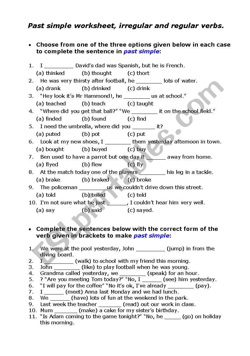 Past simple worksheet, regular & irregular verbs with revision and verb conjugation sheet for students.