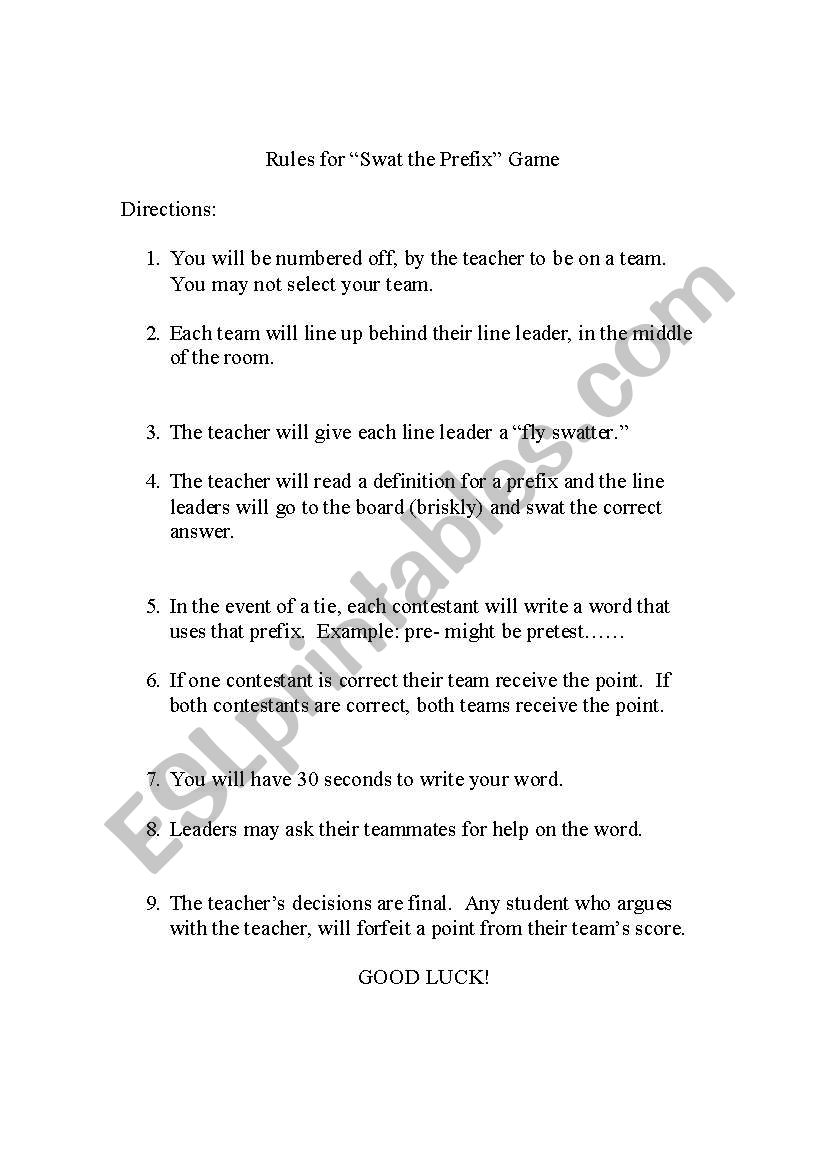 Swat the Prefix worksheet