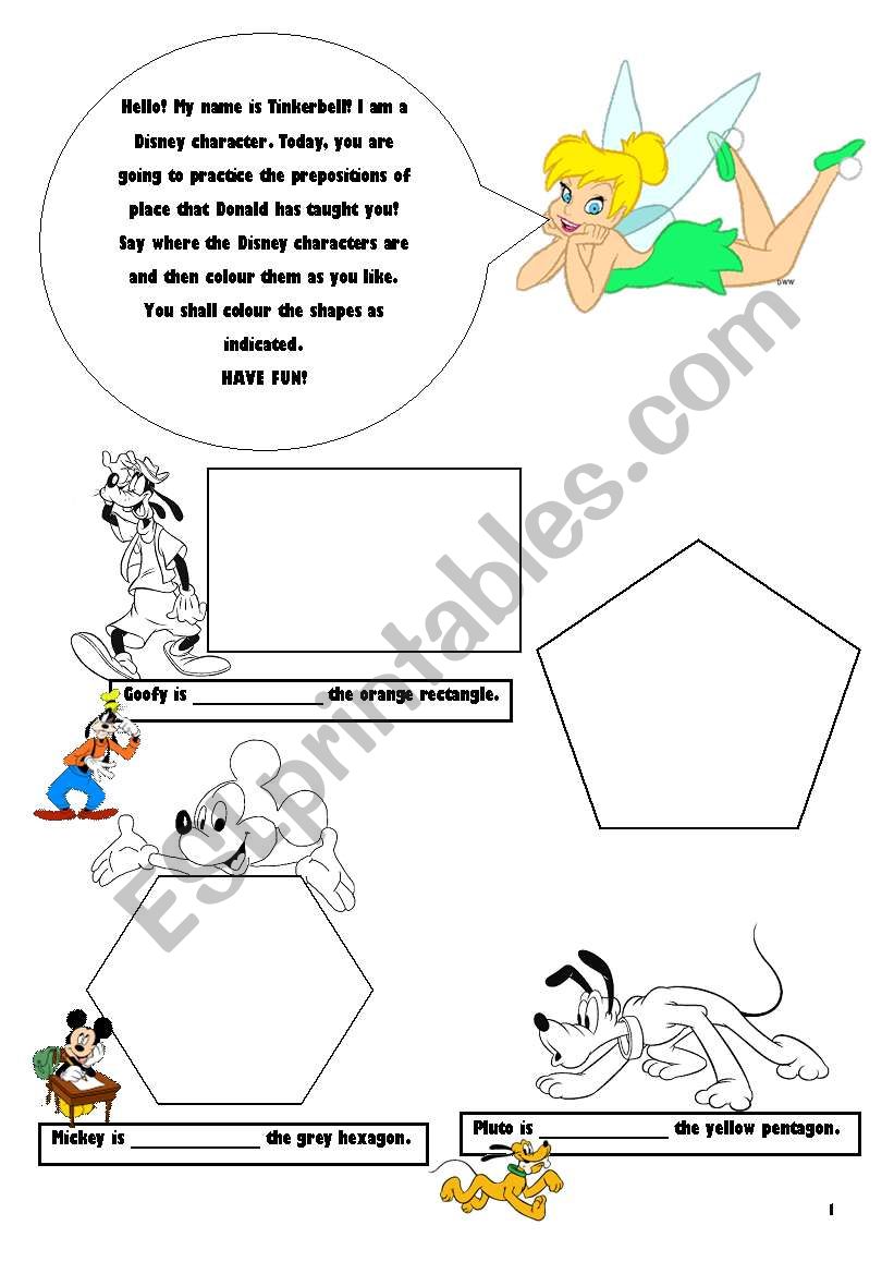 Shapes, Colours and Prepositions of Place with Disney Characters (3 pages)