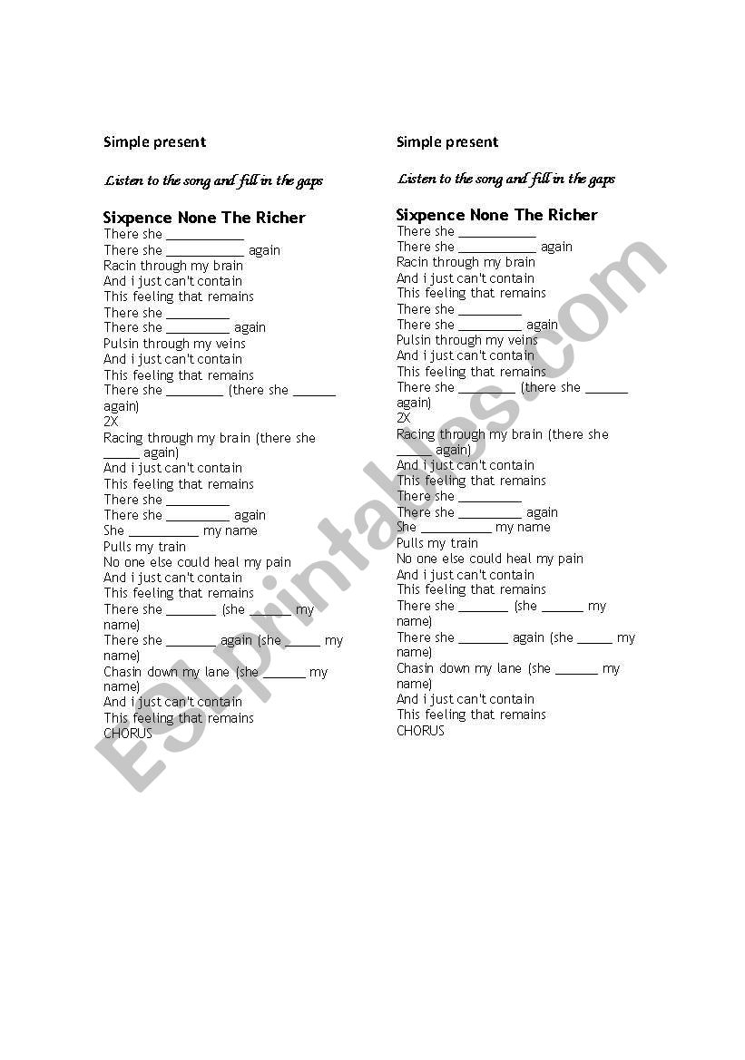 There she goes song worksheet