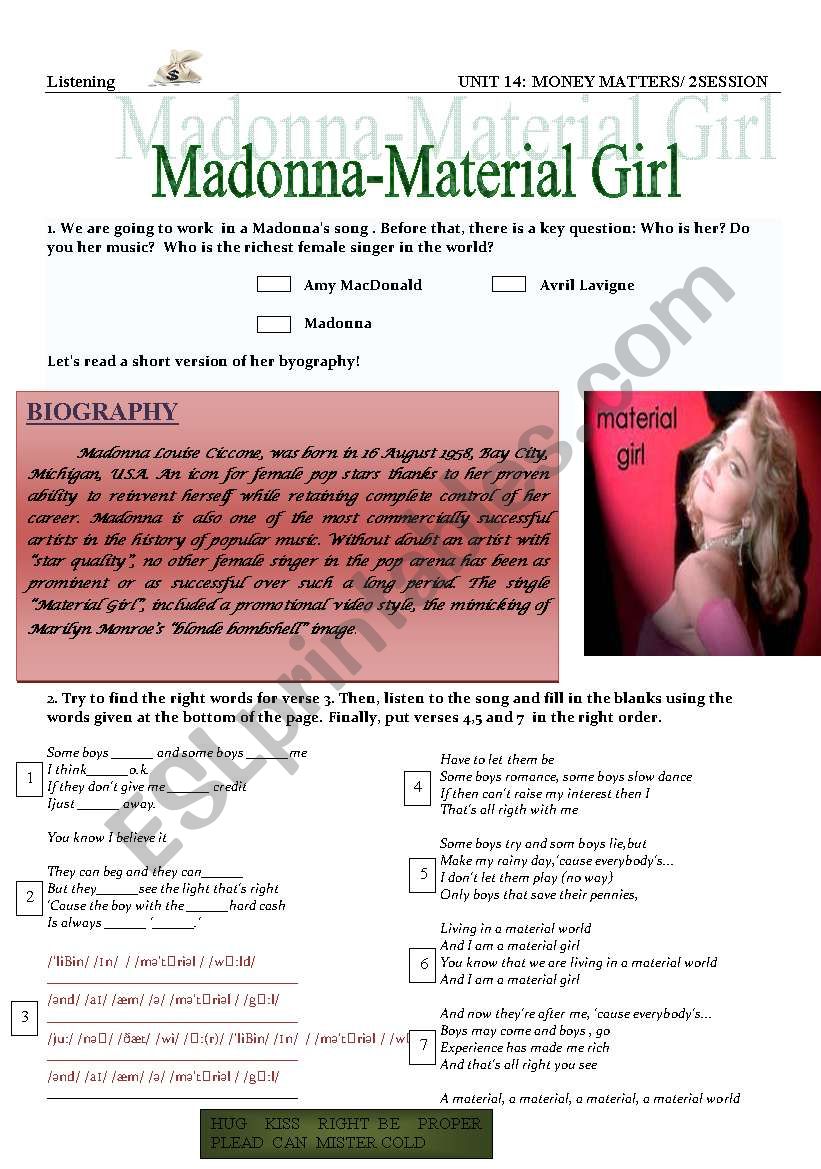 MONEY MATERIAL WORLD-MADONNA worksheet