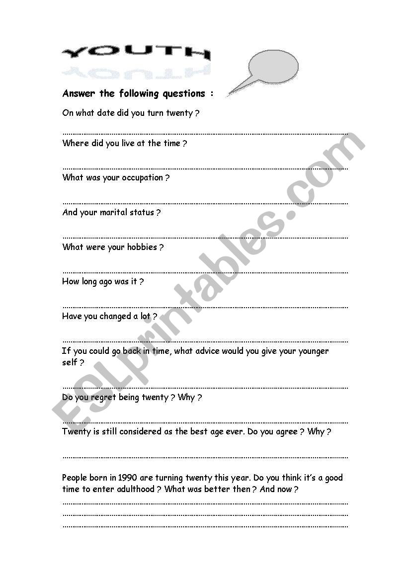 CONVERSATION TOPIC: YOUTH! worksheet