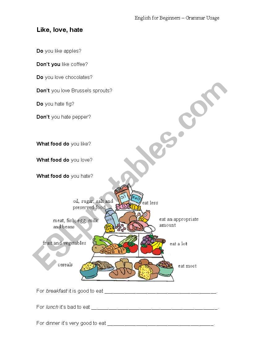 Like, love, hate (food) worksheet