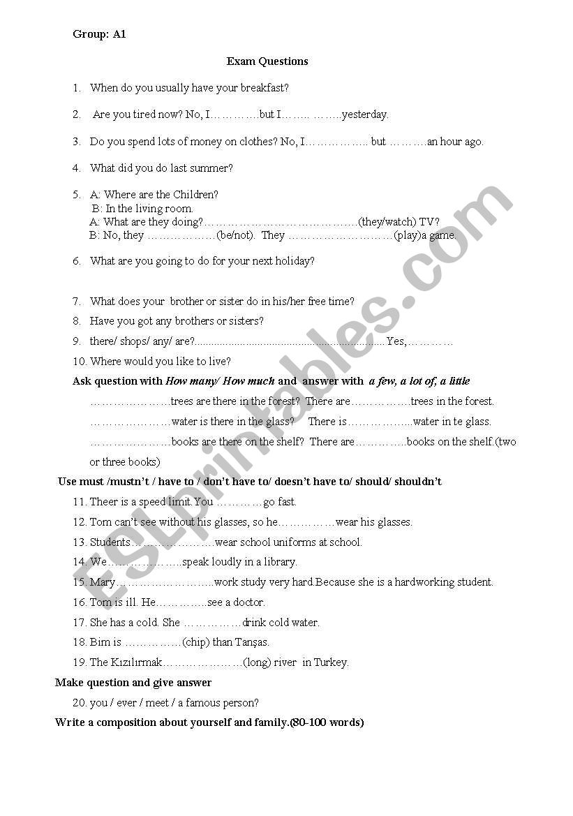 Group A 1 exam questions worksheet
