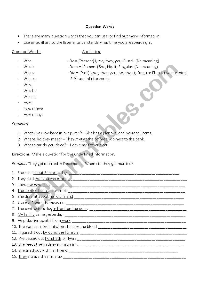 Question Words worksheet