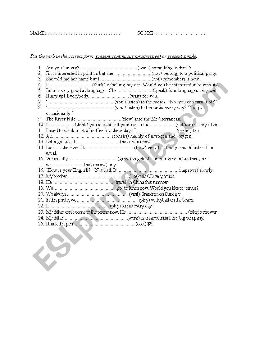 stative verbs worksheet