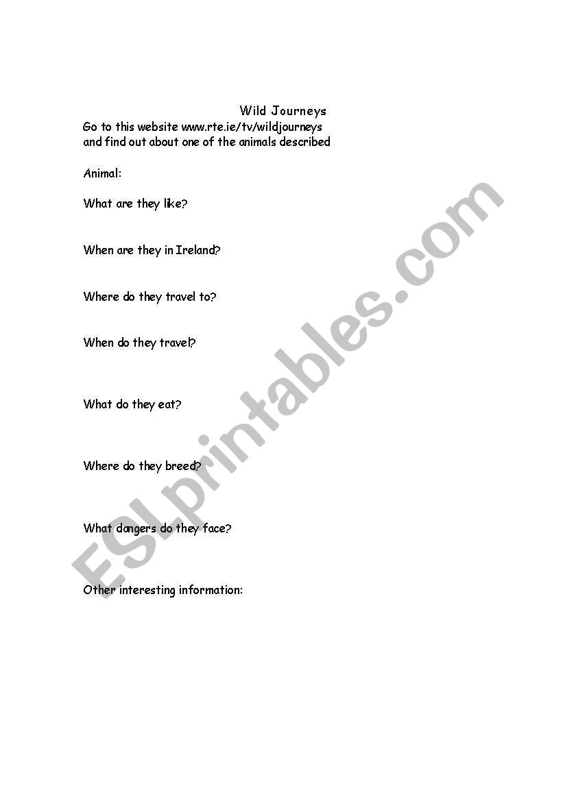 Wild Journeys worksheet