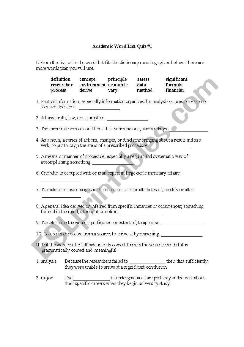 Academic Word List #1 Quiz worksheet