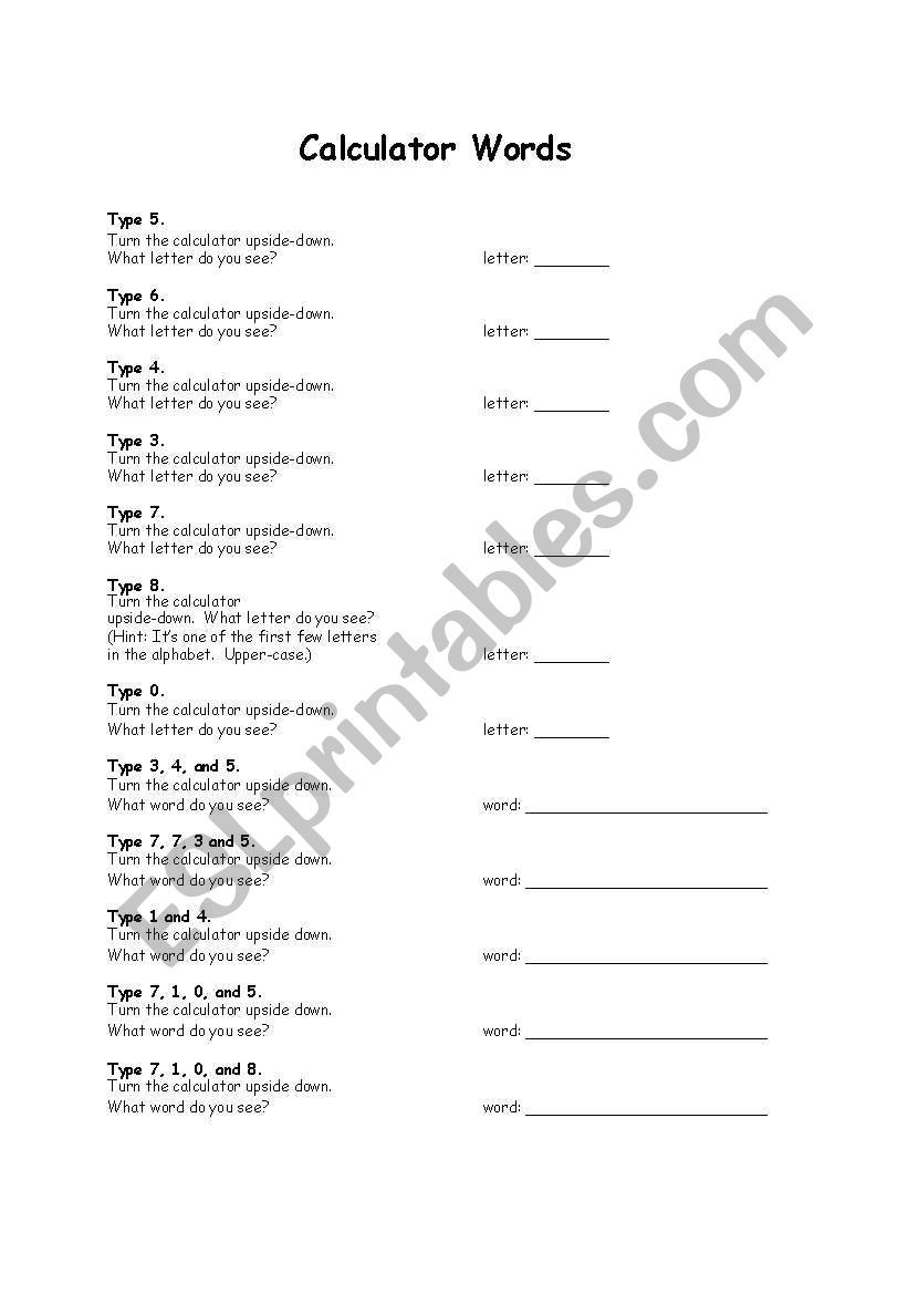 NUMBERS - WORD CALCULATOR worksheet