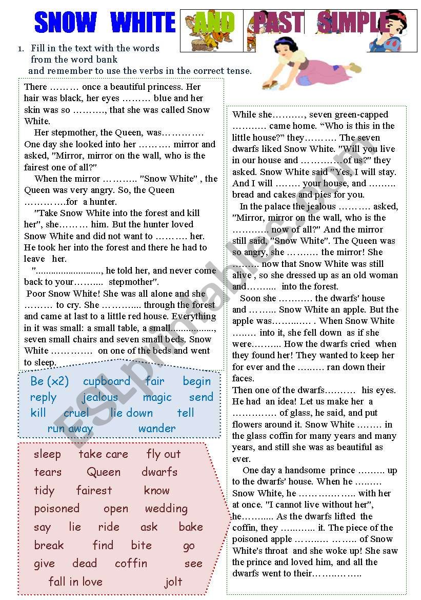 Snow White and Past Simple Worksheet (2 pages) Fill in, make questions and negatives