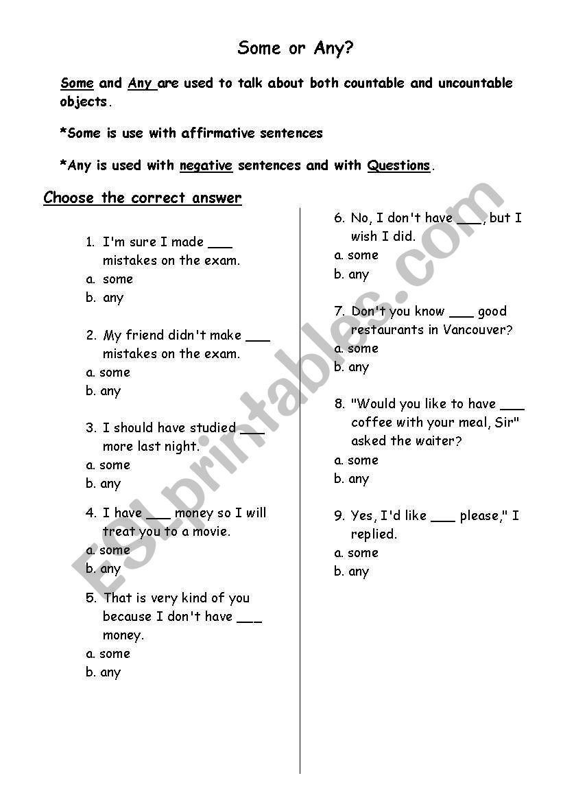 some and Any worksheet