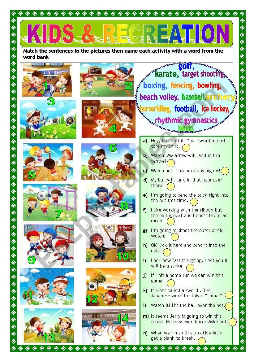 KIDS & RECREATION ( 2 pages + answer key)