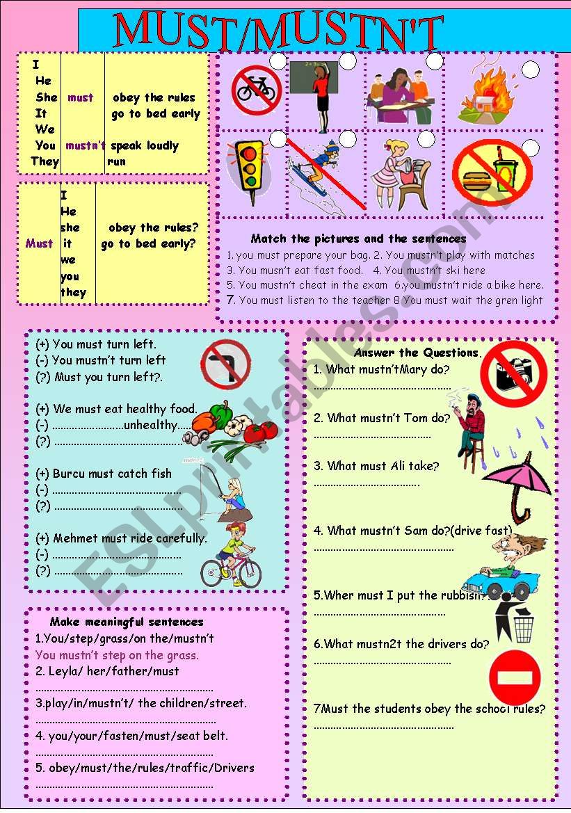 must /mustnÂ´t worksheet