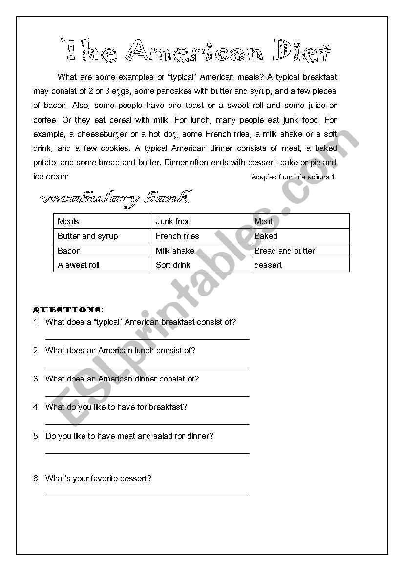 The American Diet worksheet