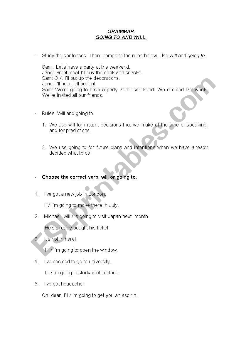 WILL vs GOING TO worksheet