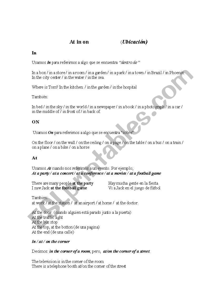 Use At, in, on (places) worksheet