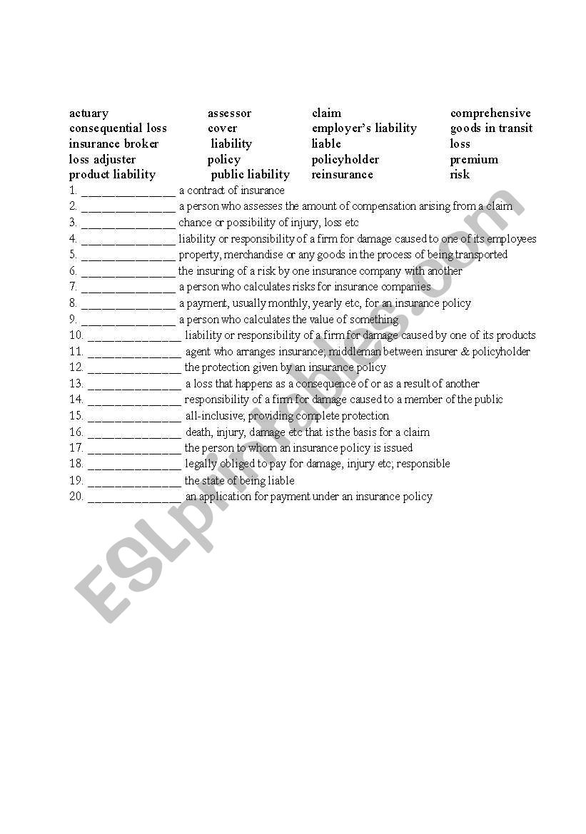 Insurance vocabulary worksheet