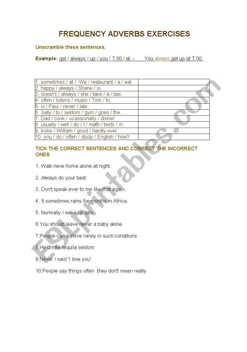 Frequency adverbs exercise worksheet