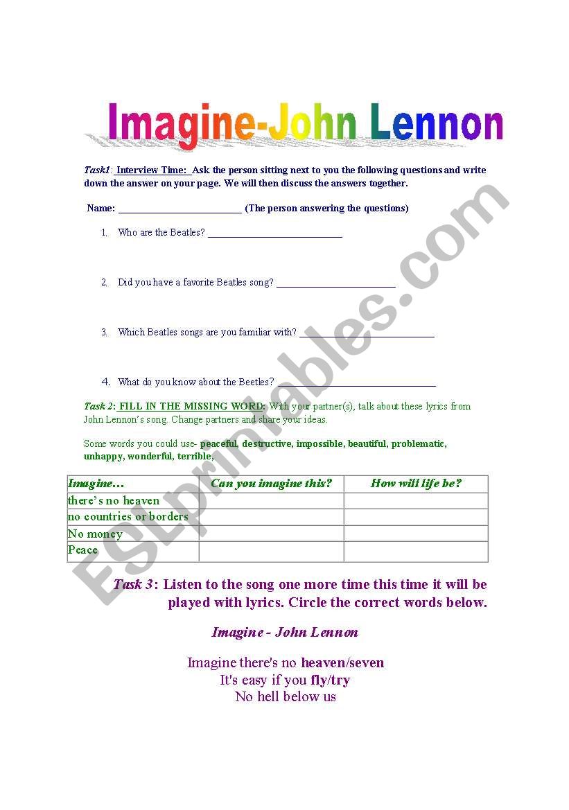 Imagine -John Lennon worksheet