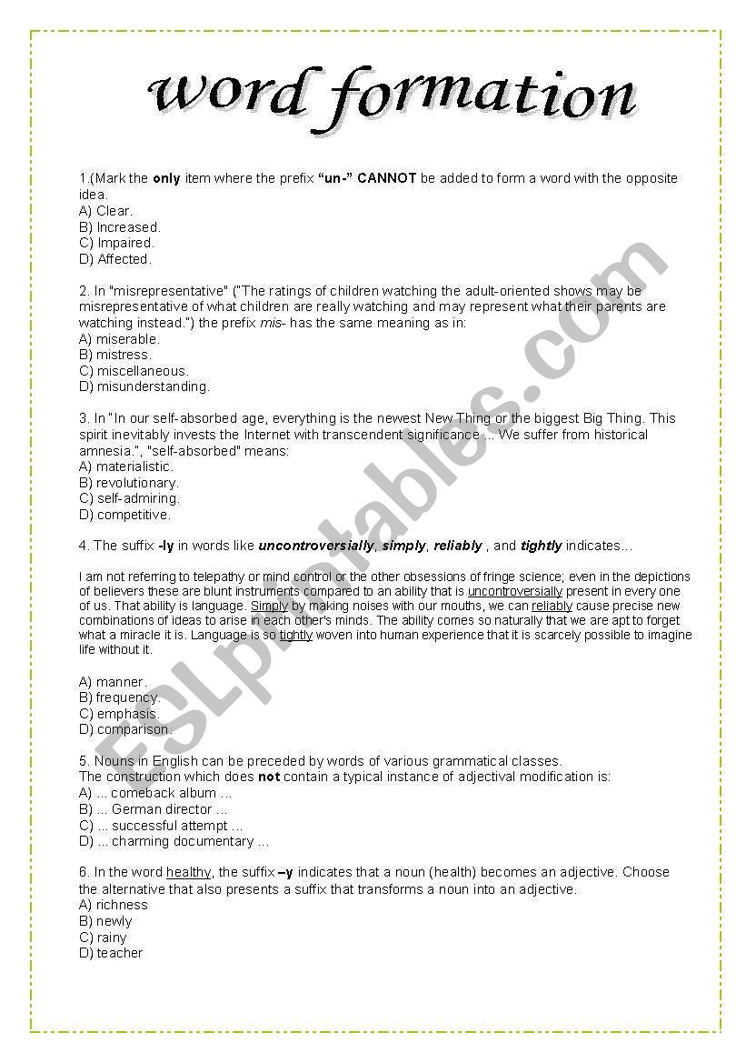 word formation quiz worksheet