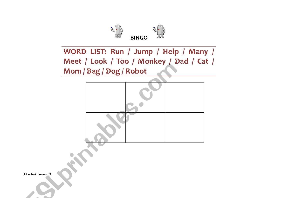 BINGO game worksheet