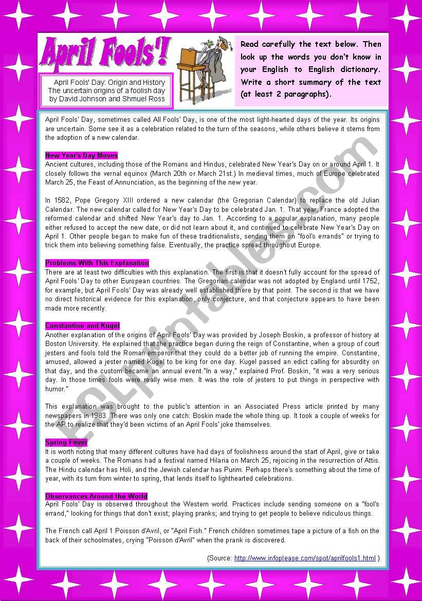 April FoolsÂ´! - (origin + famous hoaxes) - comprehension + writing **fully editable, ((4 pages))