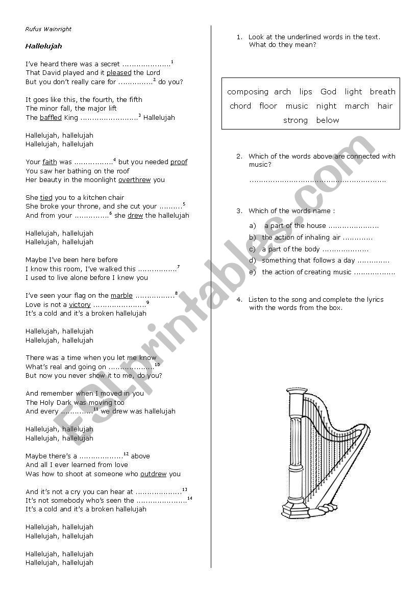 Hallelujah Rufus Wainright worksheet