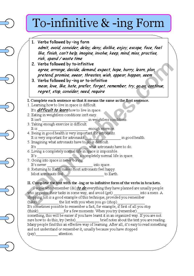 To-infinitive & -ing form worksheet