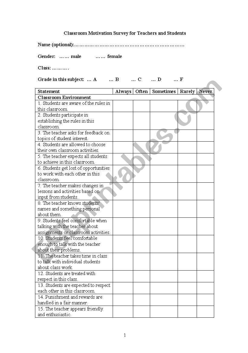 questioonire worksheet