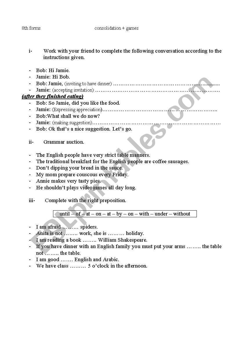 having dinner for 8th form worksheet