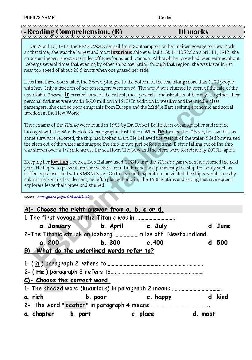 Story of The Titanic. A reading comprehension test plus vocab, grammar and parallel writing.