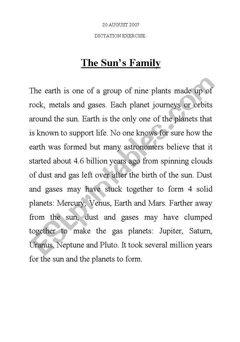 THE SUNS FAMILY - Dictation Exercise