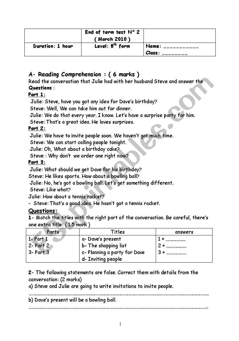 English test worksheet