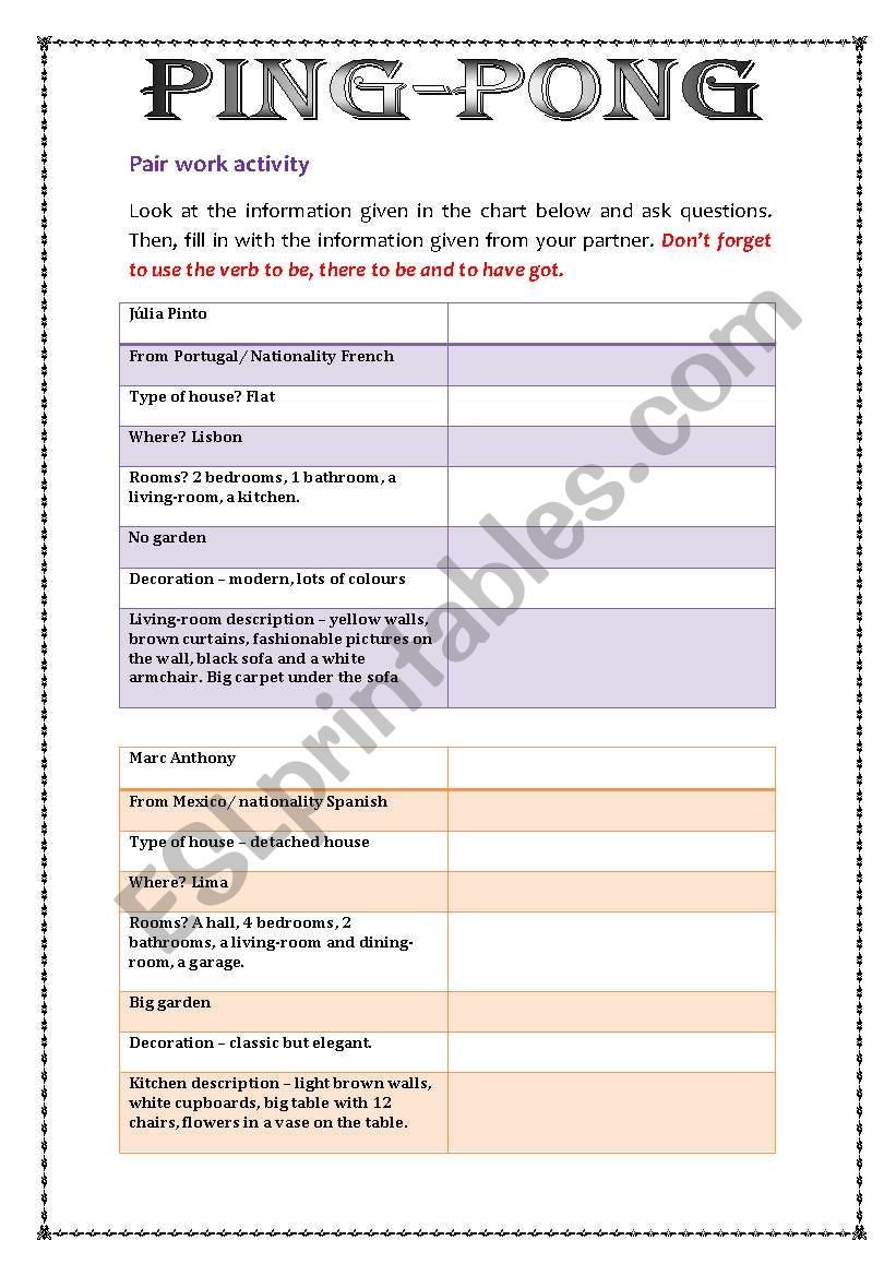 Speaking activity  Ping pong worksheet