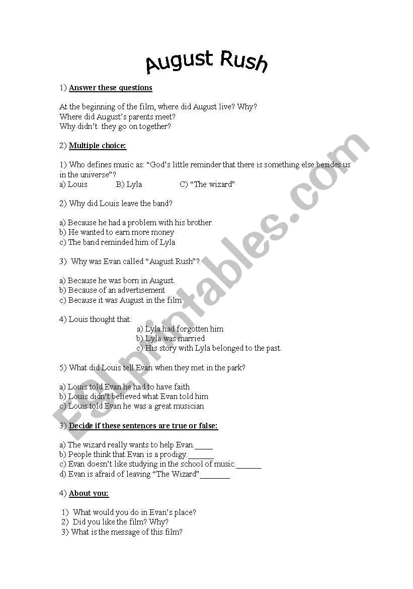 August Rush worksheet