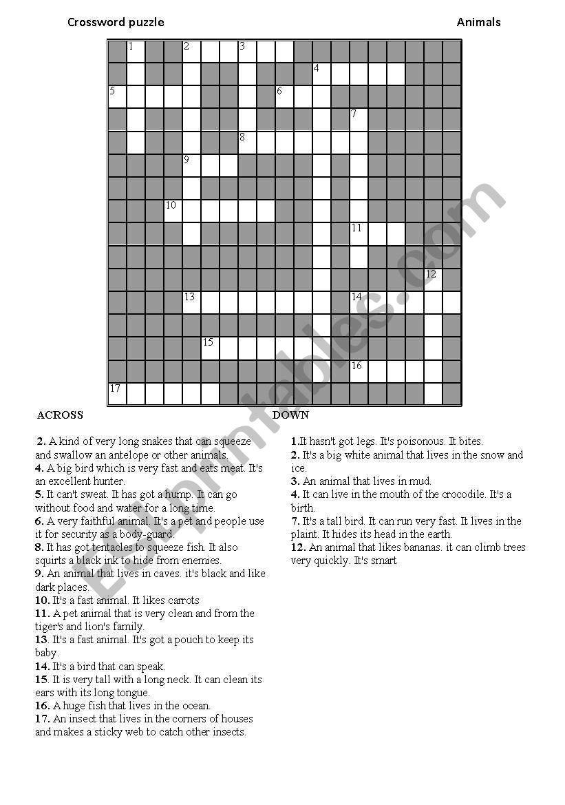 Animals crossword puzzle with Key