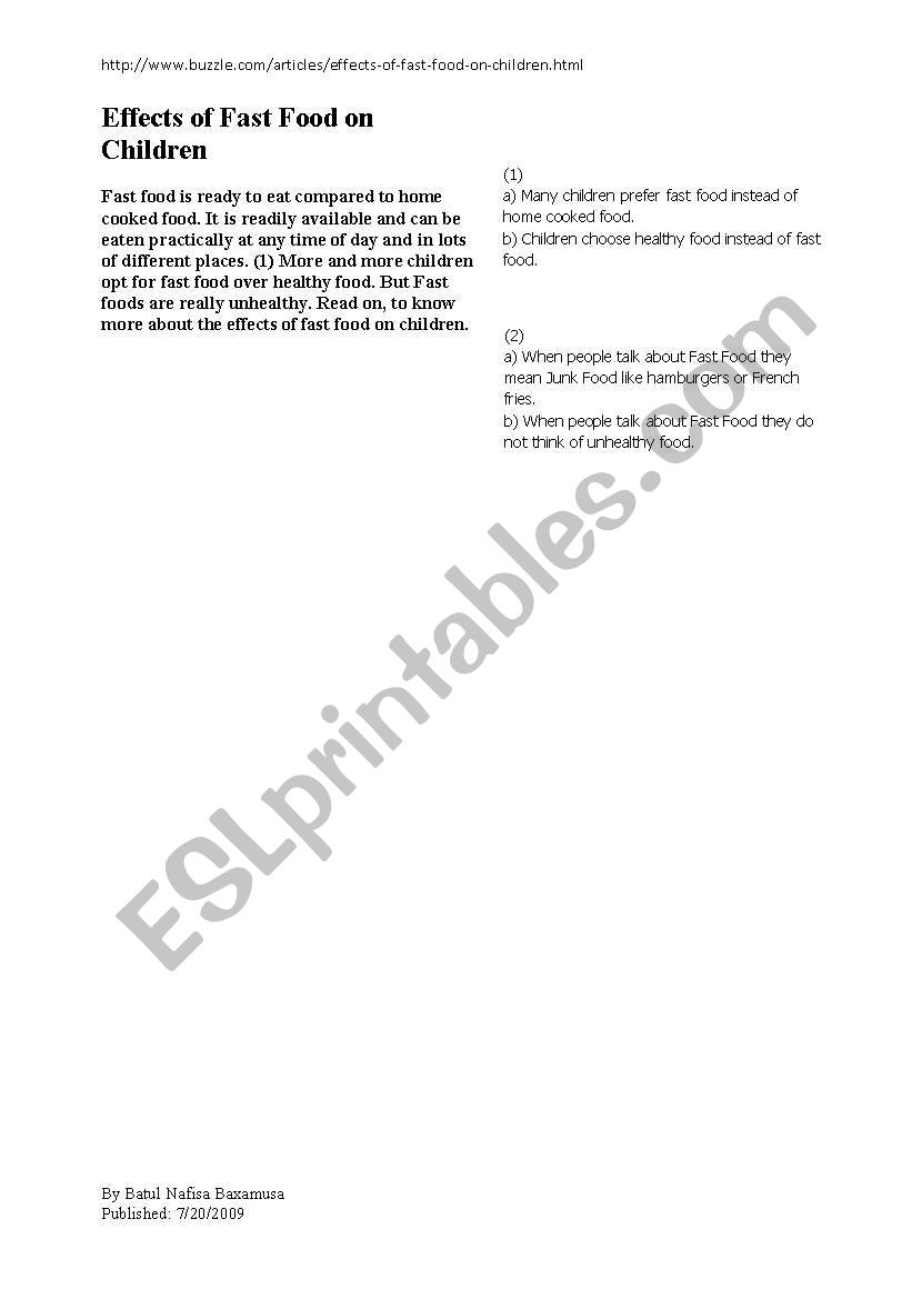 Reading and Paraphrasing Exercise (Fast Food and Children)